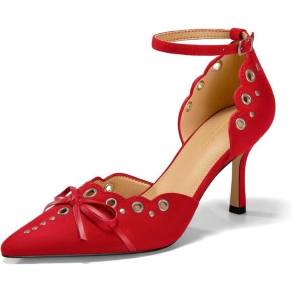 Coutgo Women's Stiletto Heels – Bow Tie Ankle Strap Studded Pointed Toe Pumps - Picture 1 of 6